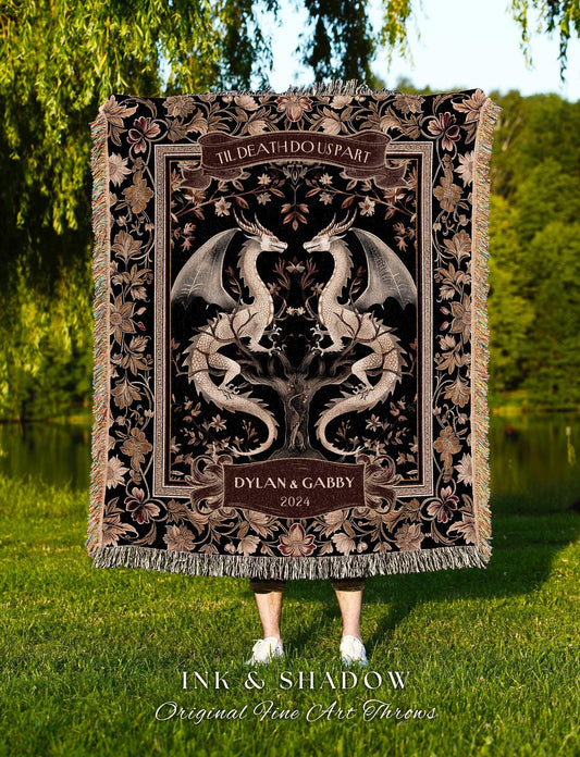 His & Hers Dragon Couple Tapestry | Personalized Dragon Lovers Woven Cotton Blanket Wedding Keepsake Custom Gift for Husband Sentimental |