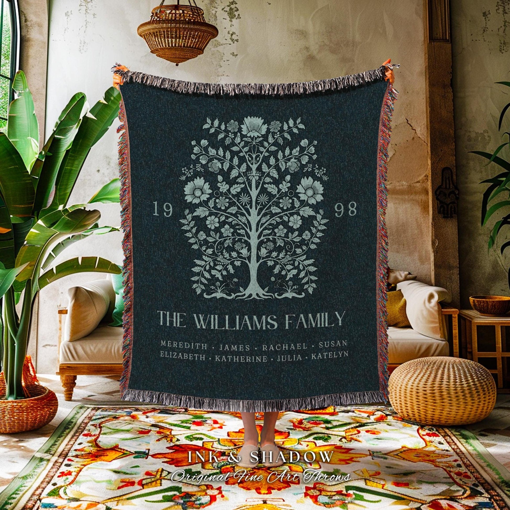 Family Heritage Personalized Woven Tapestry | Custom Family Tree Blanket Meaningful Wedding Gift Sentimental Established Year Gift for Mom