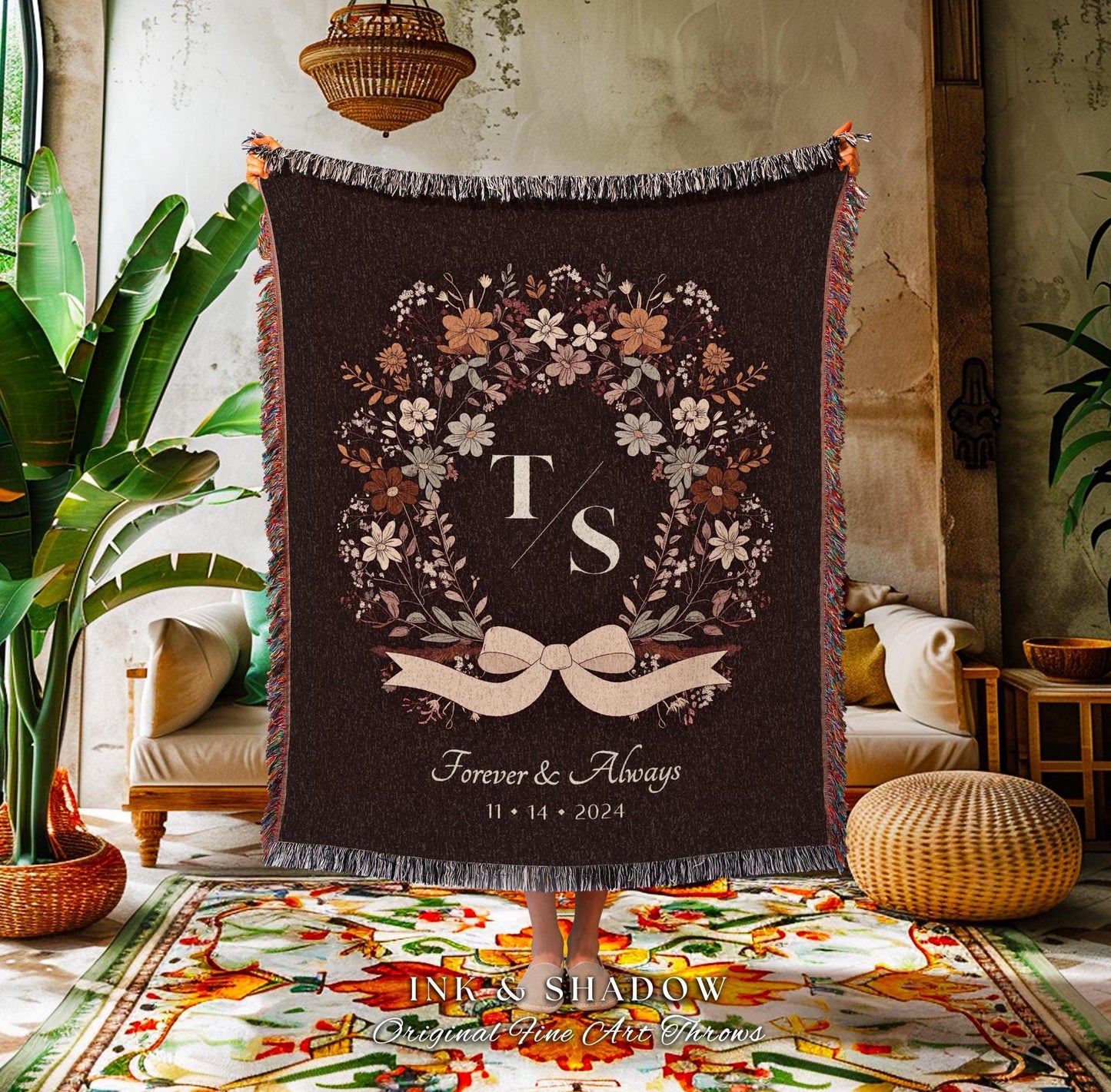 Elegant Boho Anniversary Tapestry Blanket | His and Hers Initials Personalized Wedding Date Keepsake Woven Throw Floral Folklore Aesthetic