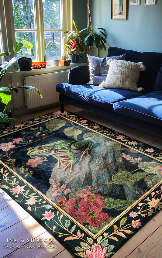 Ethereal Woodland Frog Rug | Floral Cottagecore Aesthetic Living Room Home Decor Frog Lover Gift Goblincore Floor Mat Whimsical Toad |