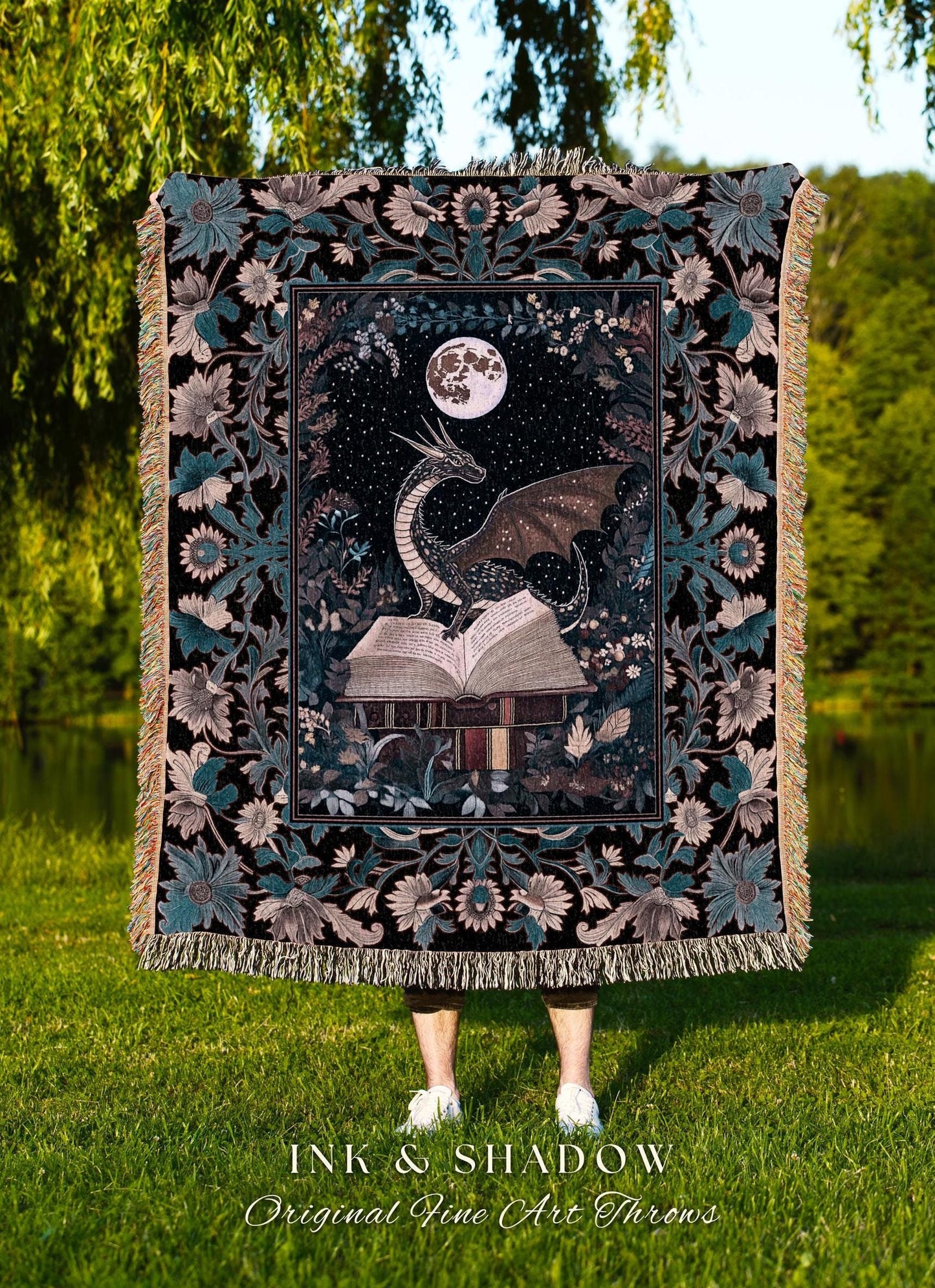 Reading Blanket Ethereal Dragon | Whimsical Bedroom Tapestry Wall Hanging Dark Academia Book Loving Ethereal Bedroom Whimsigothic Throw |