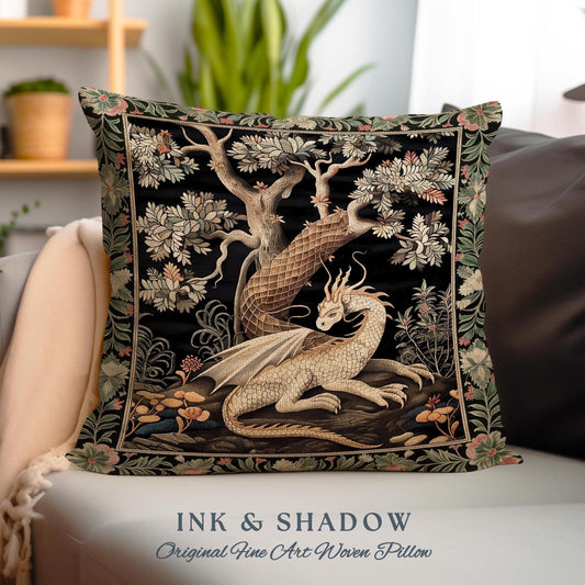 Gothic Cottagecore Dragon Tapestry Pillow Enchanted Fantasy Decor | Whimsical Medieval Forest Creature Cushion Vintage Fairytale Art Accent