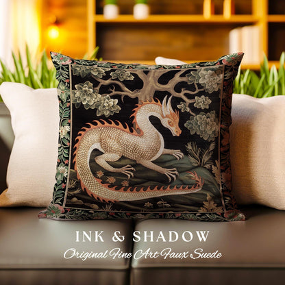 Mystic Medieval Dragon Pillow Whimsigothic Home Decor | Magical Forestcore Vintage Aesthetic Cushion Maximalist Woodland Gothic Art Accent