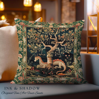 Maximalist Aesthetic Dragon Pillow Fairytale Inspired Decor | Medieval Cottagecore Style Botanical Tapestry Cushion Whimsical Fairycore Art