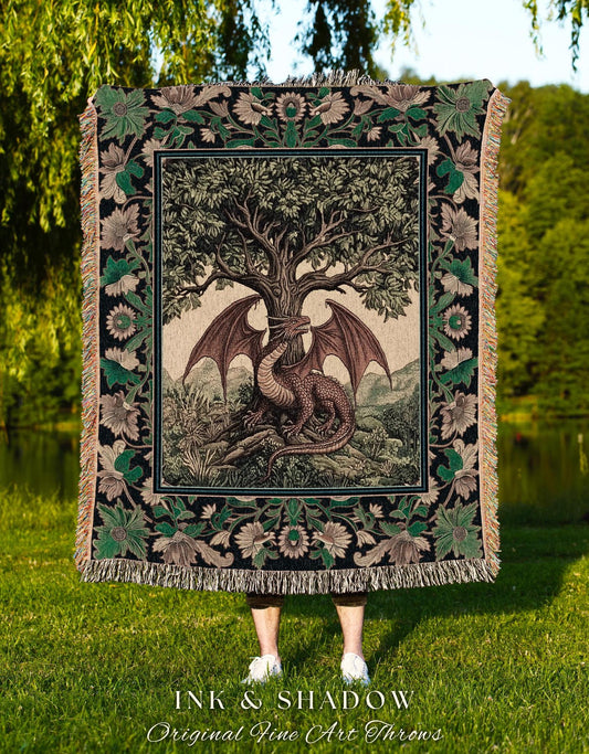 Folklore Aesthetic Dragon Woven Throw Blanket | Woodland Fairytale Tapestry Whimsigothic Dark Academia Decor Victorian Folklore Witchy Gift