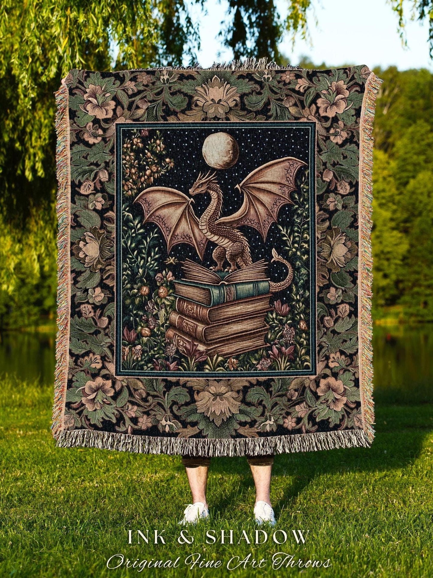 Medieval Library Mystic Dragon Blanket | Ethereal Victorian Floral Tapestry for Book Nook Woodland Fairytale Dark Academia Folklore Style |