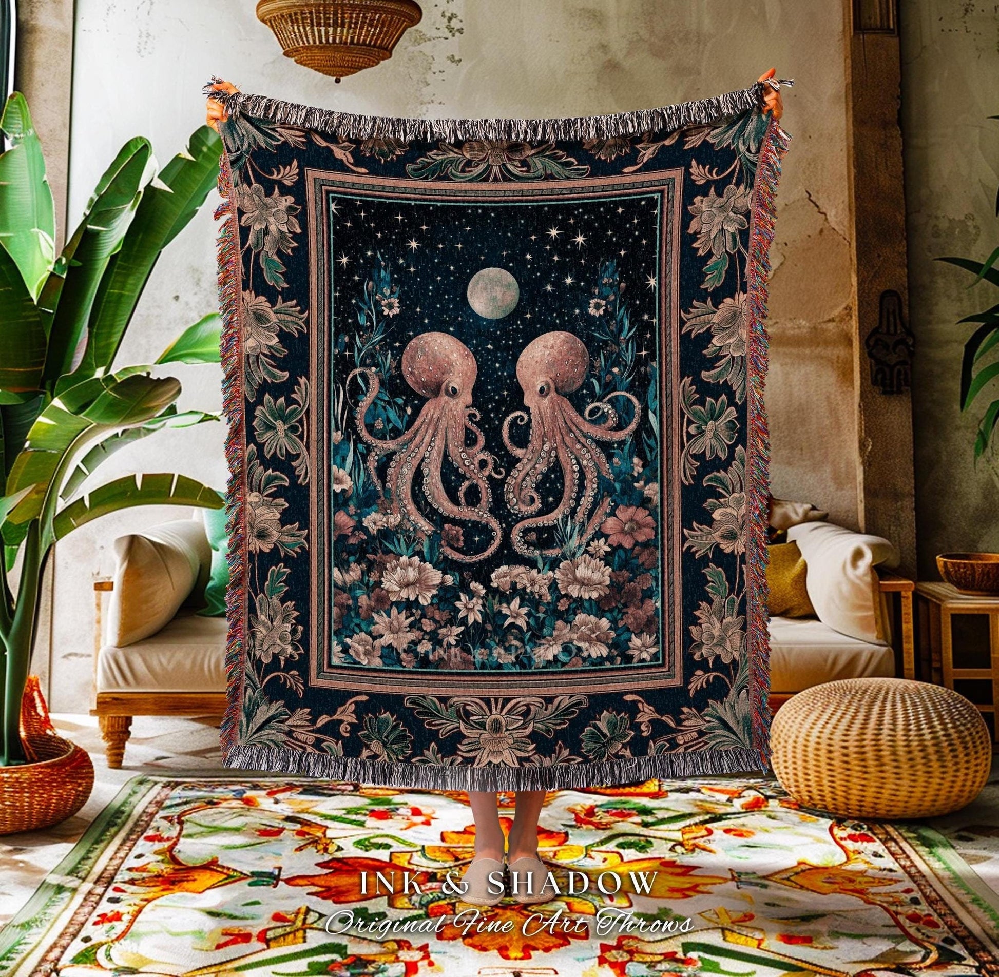 Ethereal Oddities Octopus Tapestry | Moonlit Nautical Woven Blanket Celestial Sea Life Cute Ocean Aesthetic Beach House Throw Whimsigothic |