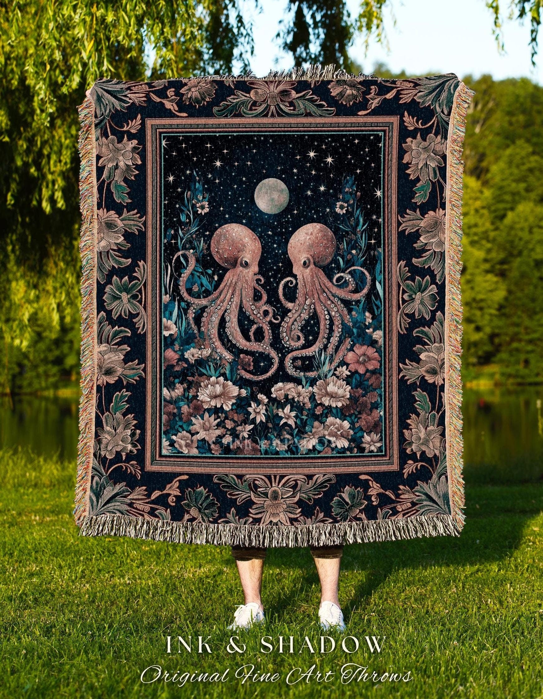 Ethereal Oddities Octopus Tapestry | Moonlit Nautical Woven Blanket Celestial Sea Life Cute Ocean Aesthetic Beach House Throw Whimsigothic |