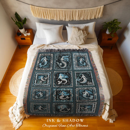 Scandinavian Style Mermaid Throw | Whimsical Nautical Retro Sea Queen Ethereal Selkie Tapestry Woven Coverlet Coastal Cottagecore Aesthetic