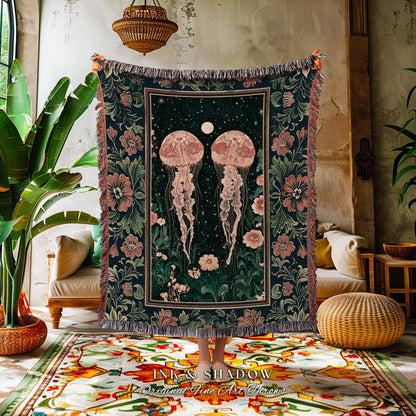 Victorian Botanical Jellyfish Blanket | Dark Academia Celestial Cottagecore Enchanted Whimsigothic Vintage Floral Woven Tapestry Nautical |