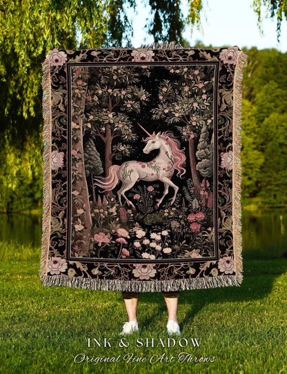 Enchanted Forest Unicorn Woven Throw Blanket Mystical Medieval Tapestry | Romantic Baroque Art Renaissance Decor Fairycore Vintage Aesthetic