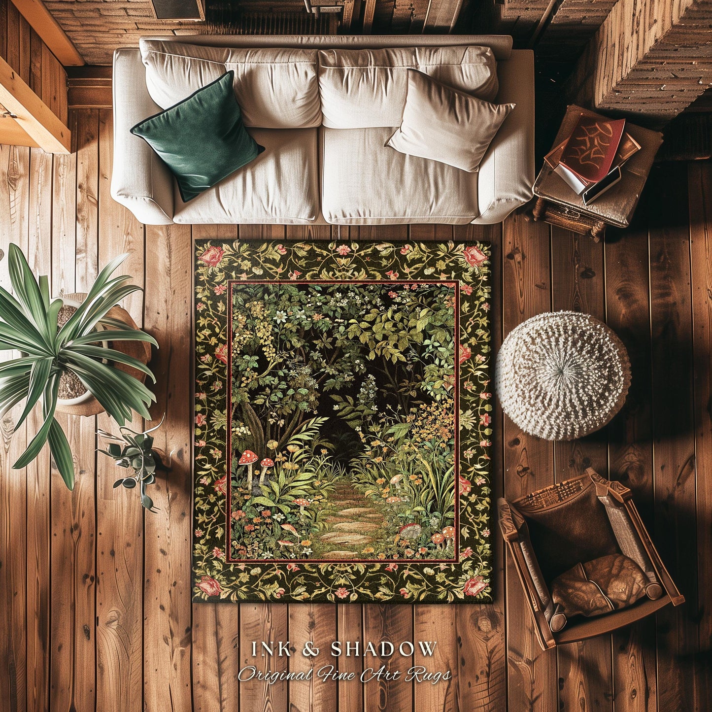 Toadstool Forest Mystical Mushroom Rug | Dark Academia Folklore Forest Inspired Fairycore Botanical Aesthetic Accent Rug Magical Medieval