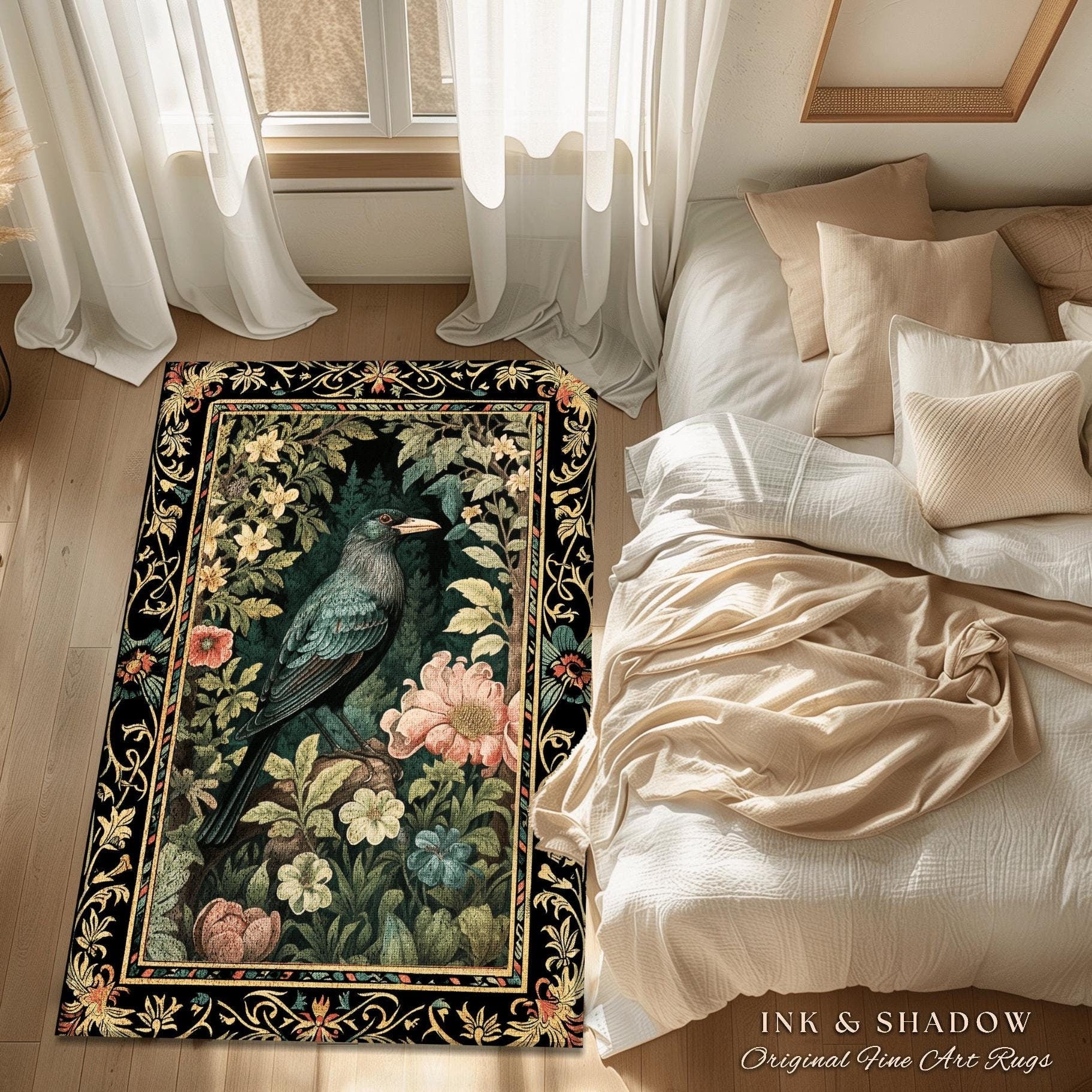 Dark Floral Raven Area Rug | Ethereal Gothic Room Decor William Morris Inspired Cottagecore Aesthetic Dark Fairycore Bedroom Crow Core Art |