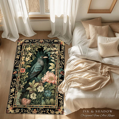 Dark Floral Raven Area Rug | Ethereal Gothic Room Decor William Morris Inspired Cottagecore Aesthetic Dark Fairycore Bedroom Crow Core Art |