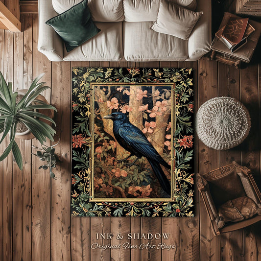 Woodland Gothic Floral Raven Room Decor William Morris Inspired Crowcore Area Rug Cottagecore Aesthetic Dark Fairycore Bedroom Boho Crow Rug