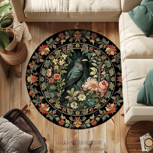 Dark Floral Raven Area Rug | Ethereal Gothic Room Decor William Morris Inspired Cottagecore Aesthetic Dark Fairycore Bedroom Crow Core Art |