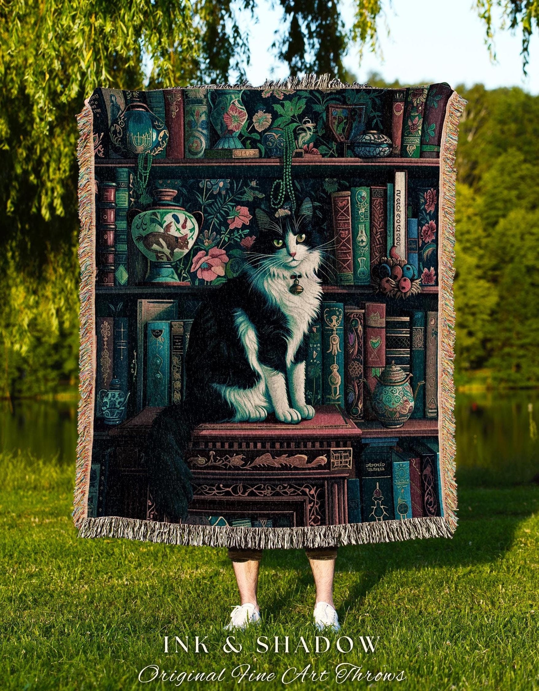 Book Loving Cat Bookshelf Tapestry | Victorian Gothic Gift for Reading Corner Cat Lover Woven Blanket Mystic Room Decor Dark Academia Art