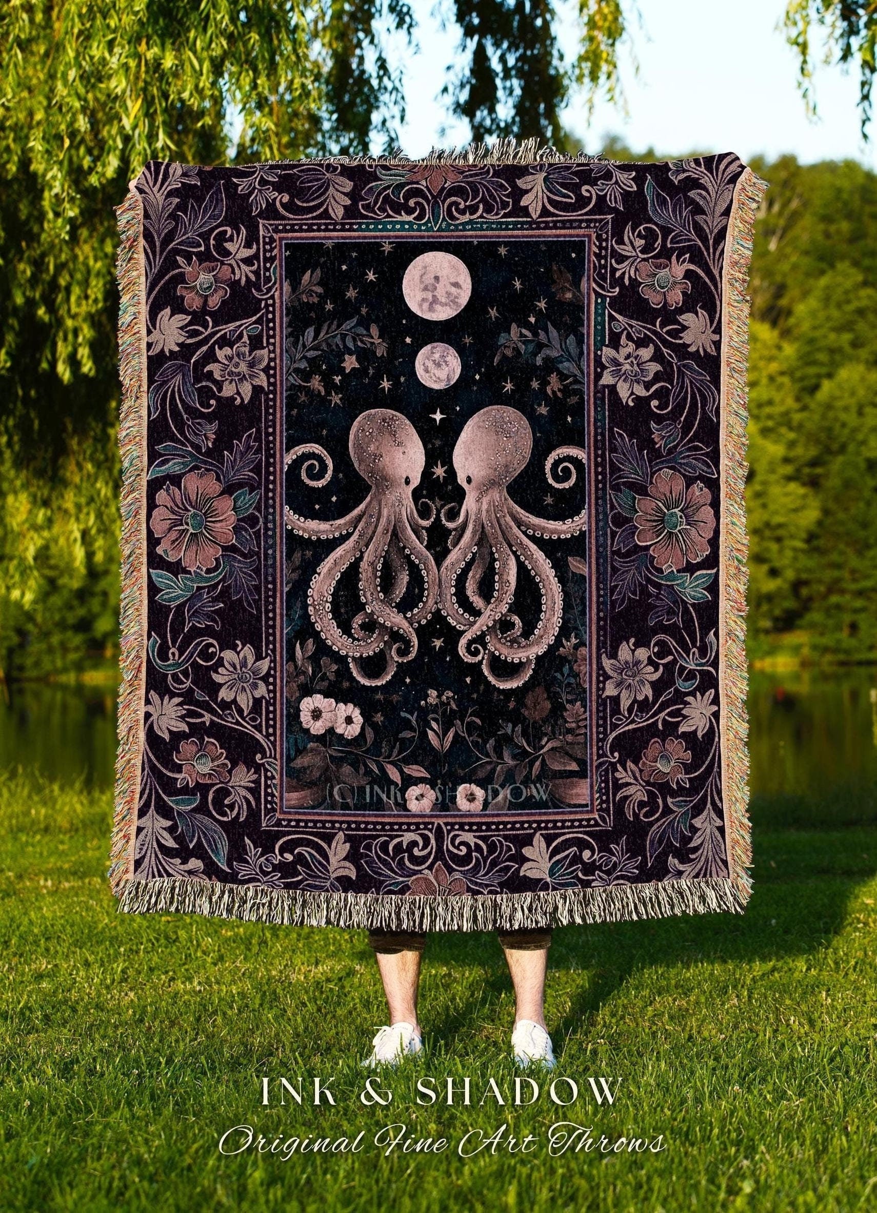 Lunar Magic Whimsical Octopus Tapestry | Midnight Purple Dark Academia Nautical Celestial Goblincore Oceanic Mystery Victorian Throw Blanket