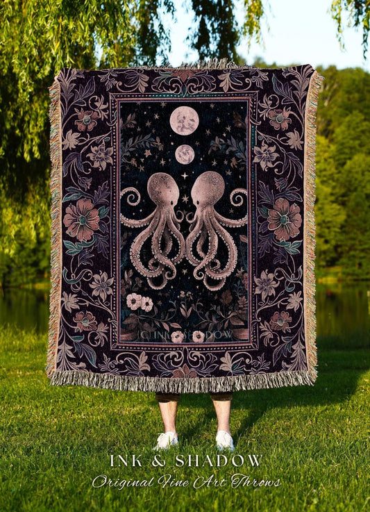 Lunar Magic Whimsical Octopus Tapestry | Midnight Purple Dark Academia Nautical Celestial Goblincore Oceanic Mystery Victorian Throw Blanket