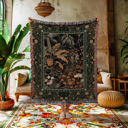 Whimsical Botanical Jungle Tapestry | Forest Aesthetic Woodland Living Room Mystical Home Decor Plant Themed Ethereal Book Nook Blanket |