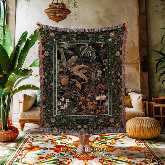 Whimsical Botanical Jungle Tapestry | Forest Aesthetic Woodland Living Room Mystical Home Decor Plant Themed Ethereal Book Nook Blanket |