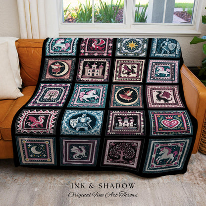 Fable Inspired Storybook Blanket | Folklore Woven Tapestry Medieval Fantasy Themed Knight and Unicorn Vintage Once Upon a Time Fairytale |