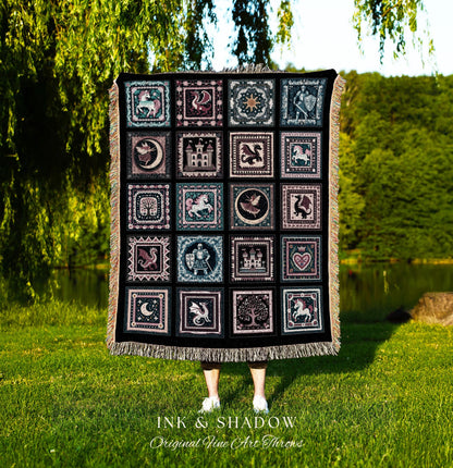 Fable Inspired Storybook Blanket | Folklore Woven Tapestry Medieval Fantasy Themed Knight and Unicorn Vintage Once Upon a Time Fairytale |