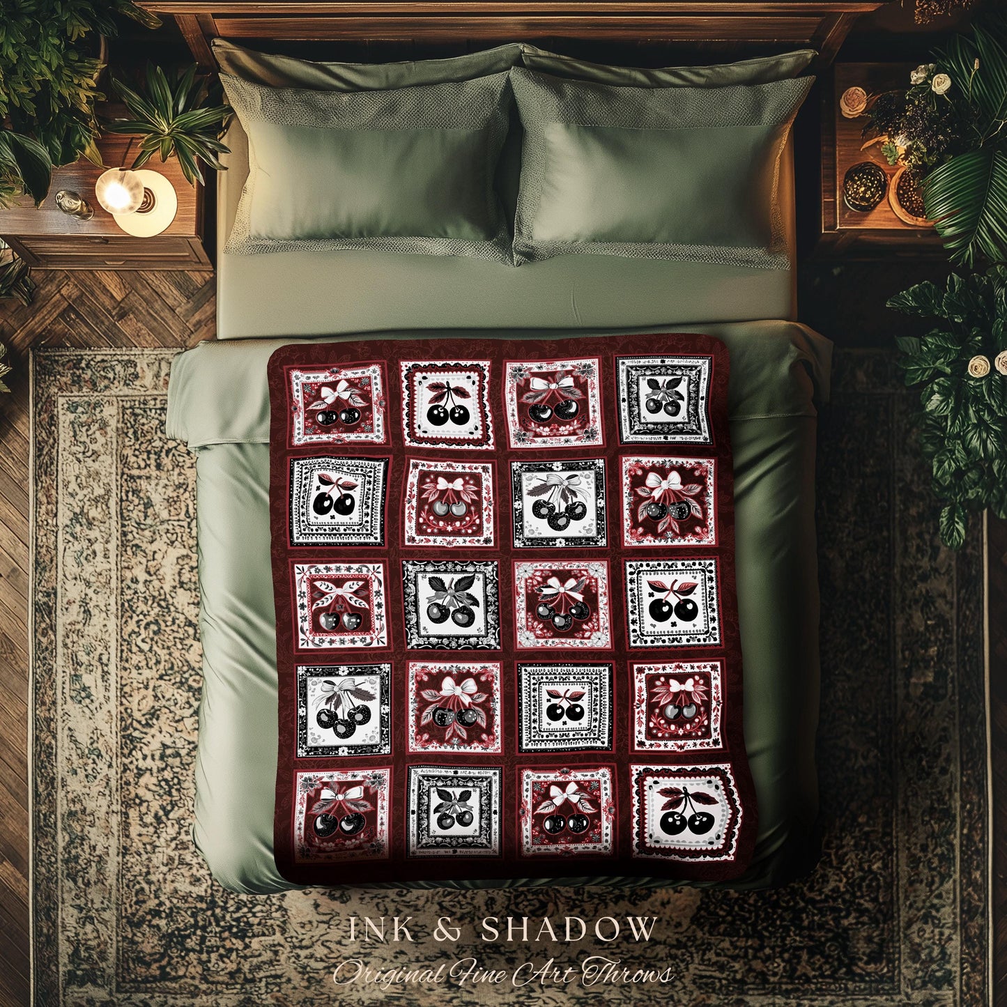 Cherry Blanket Coquette Gothic Throw | Sweetheart Aesthetic Bedroom Coverlet Blanket Red Velvet Whimsigothic Maximalist Retro Girly Goth |