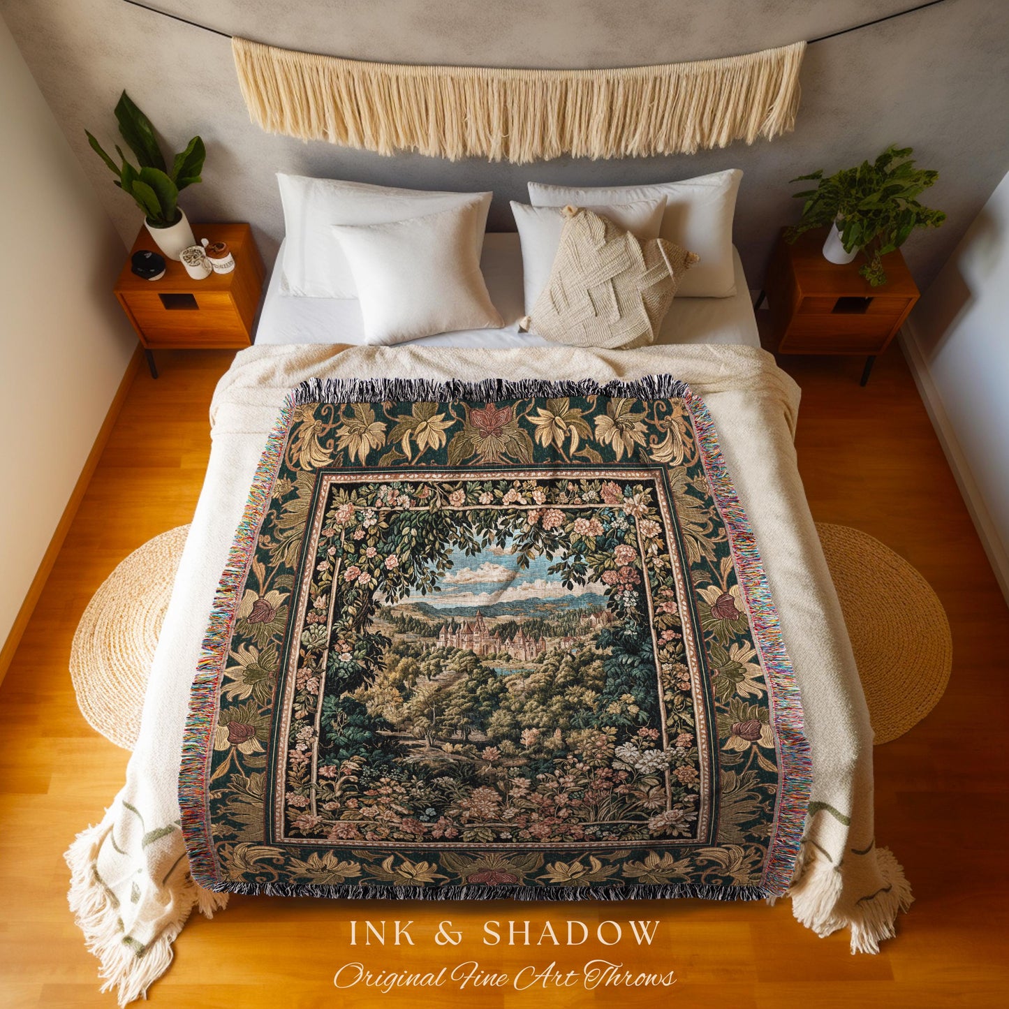 Fantasy Castle Botanical Woven Tapestry | Fairycore Princess Blanket Woodland Moody Medieval Woodland Fairytale Whimsy Whimsigothic Decor |