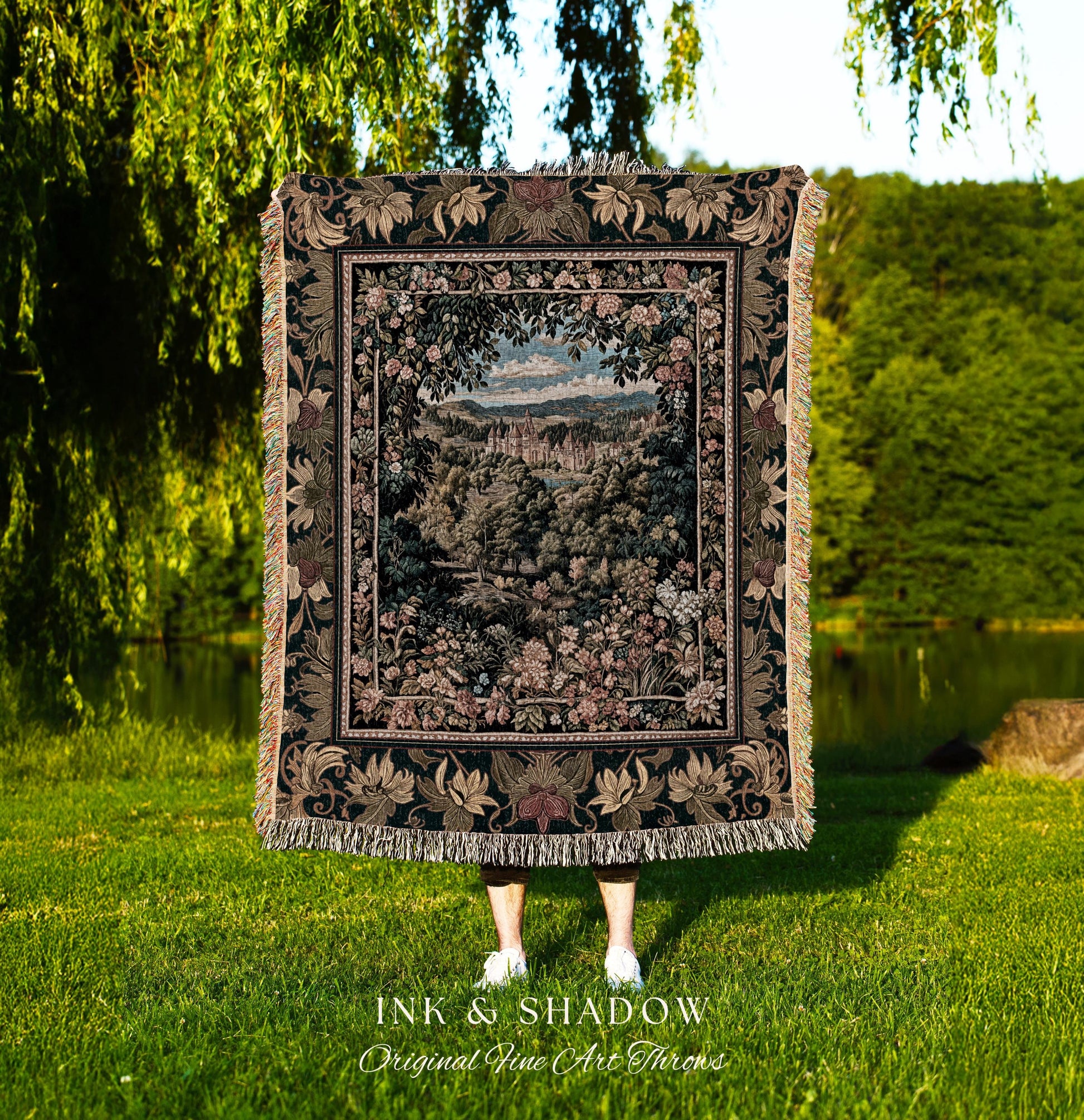 Fantasy Castle Botanical Woven Tapestry | Fairycore Princess Blanket Woodland Moody Medieval Woodland Fairytale Whimsy Whimsigothic Decor |