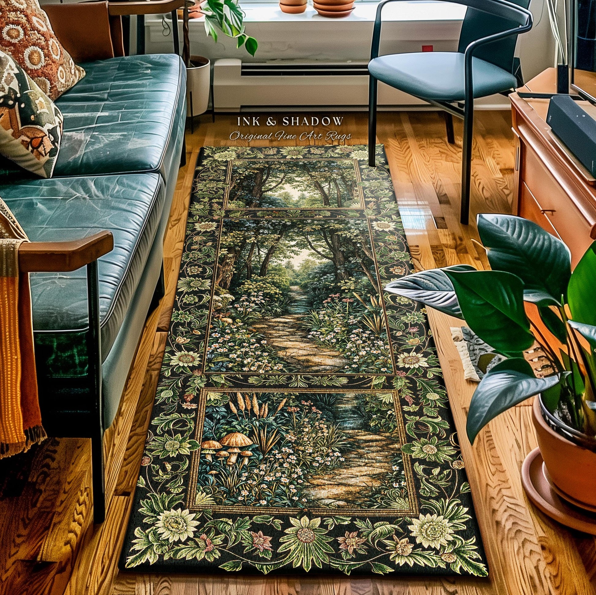 Fairy Meadow Mushroom Forest Runner Rug | Mystic Academia Folklore Inspired Fairycore Aesthetic Accent Rug Medieval Kitchen Hallway Decor |