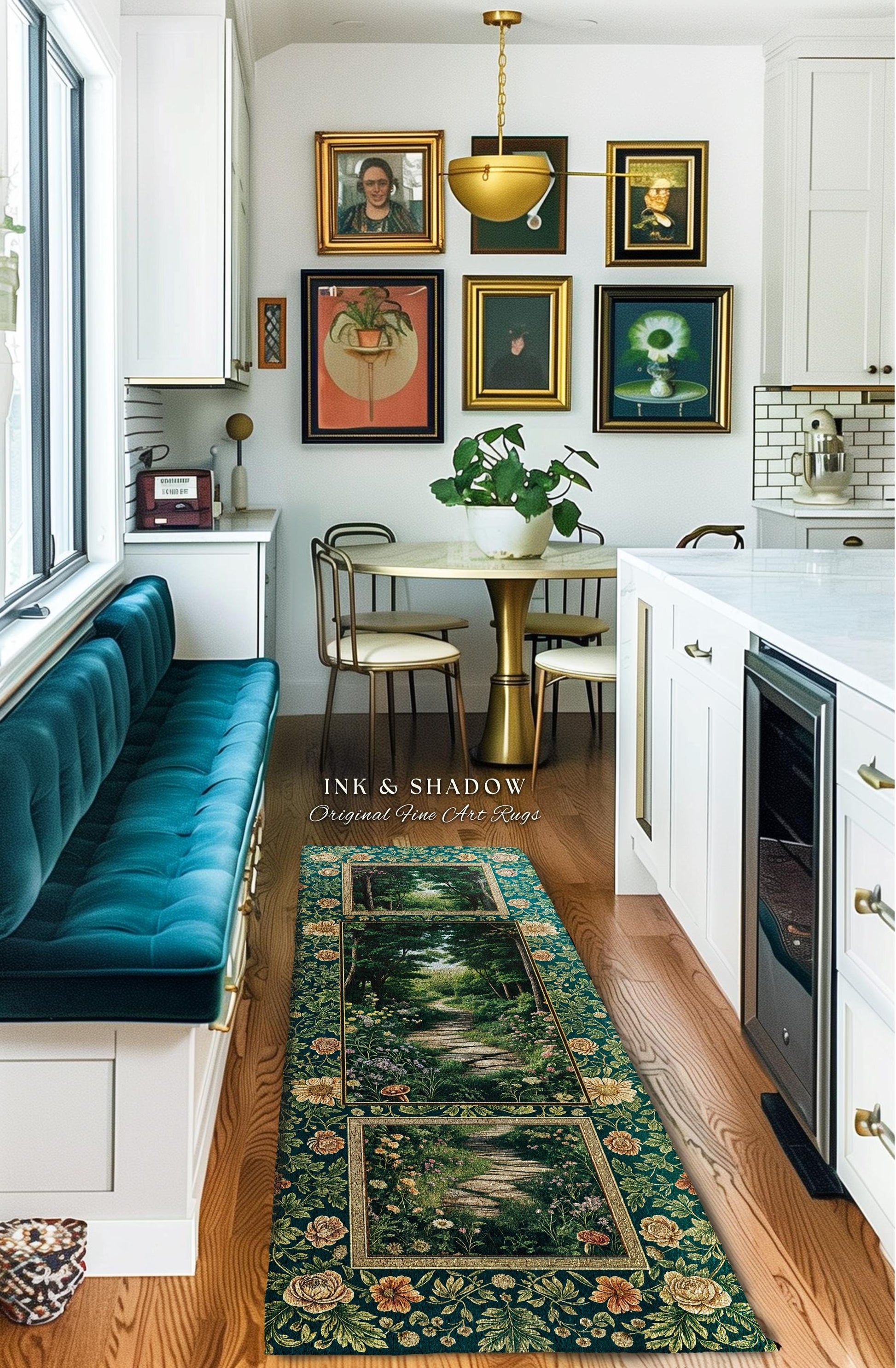 Woodland Forest Cottagecore Kitchen Rug | Fairycore Aesthetic Magical Woodland Entryway Emerald Green Home Decor Whimsigothic Floor Mat Long