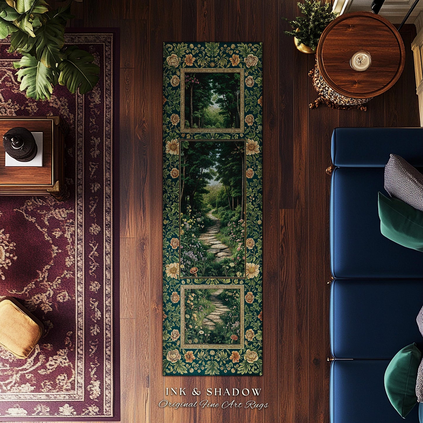 Woodland Forest Cottagecore Kitchen Rug | Fairycore Aesthetic Magical Woodland Entryway Emerald Green Home Decor Whimsigothic Floor Mat Long