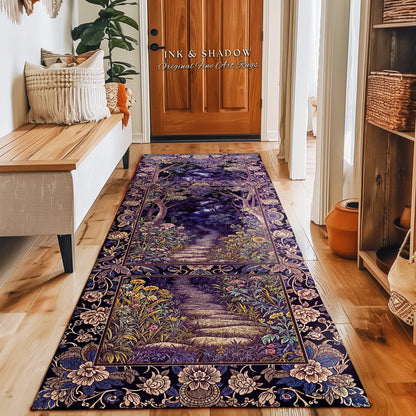 Magical Woodland Mushroom Runner Rug | Fairytale Theme Woodland Botanical Aesthetic Whimsical Home Entryway Rug for Hallway Purple Woods |