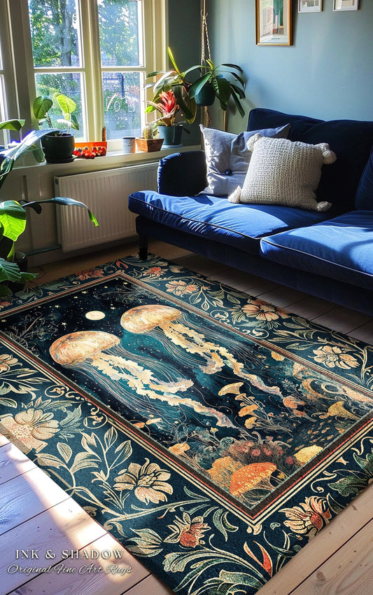 Ocean Gothic Jellyfish Cozy Area Rug | Celestial Costal Cottagecore Enchanted Whimsigothic Dark Floral Woven Tapestry Nautical Accent Rug |