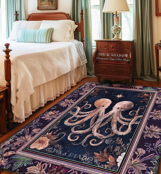 Dark Costal Cottagecore Accent Rug | Mystic Octopus Nautical Celestial Sea Life Cute Goblincore Home Decor Oceancore Aesthetic Area Rug |