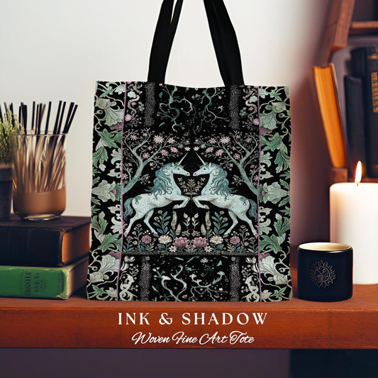 Gothic Cottage Unicorn Tote Bag Dark Cottagecore Vintage Enchanted Aesthetic | Country Chic Floral Farmhouse Enchantment Teal Tapestry Bag |