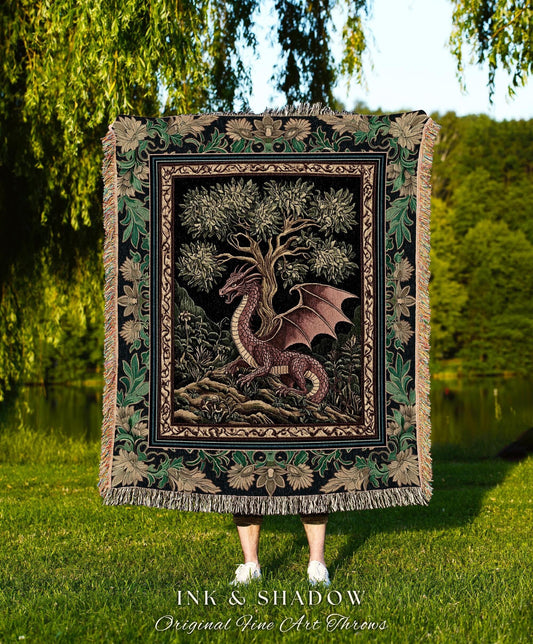 Fairytale Gothic Dragon Tapestry Woven | Whimsical Fantasy Dark Cottagecore Aesthetic Medieval Woven Blanket Moody Bedroom Gothic Maximalist