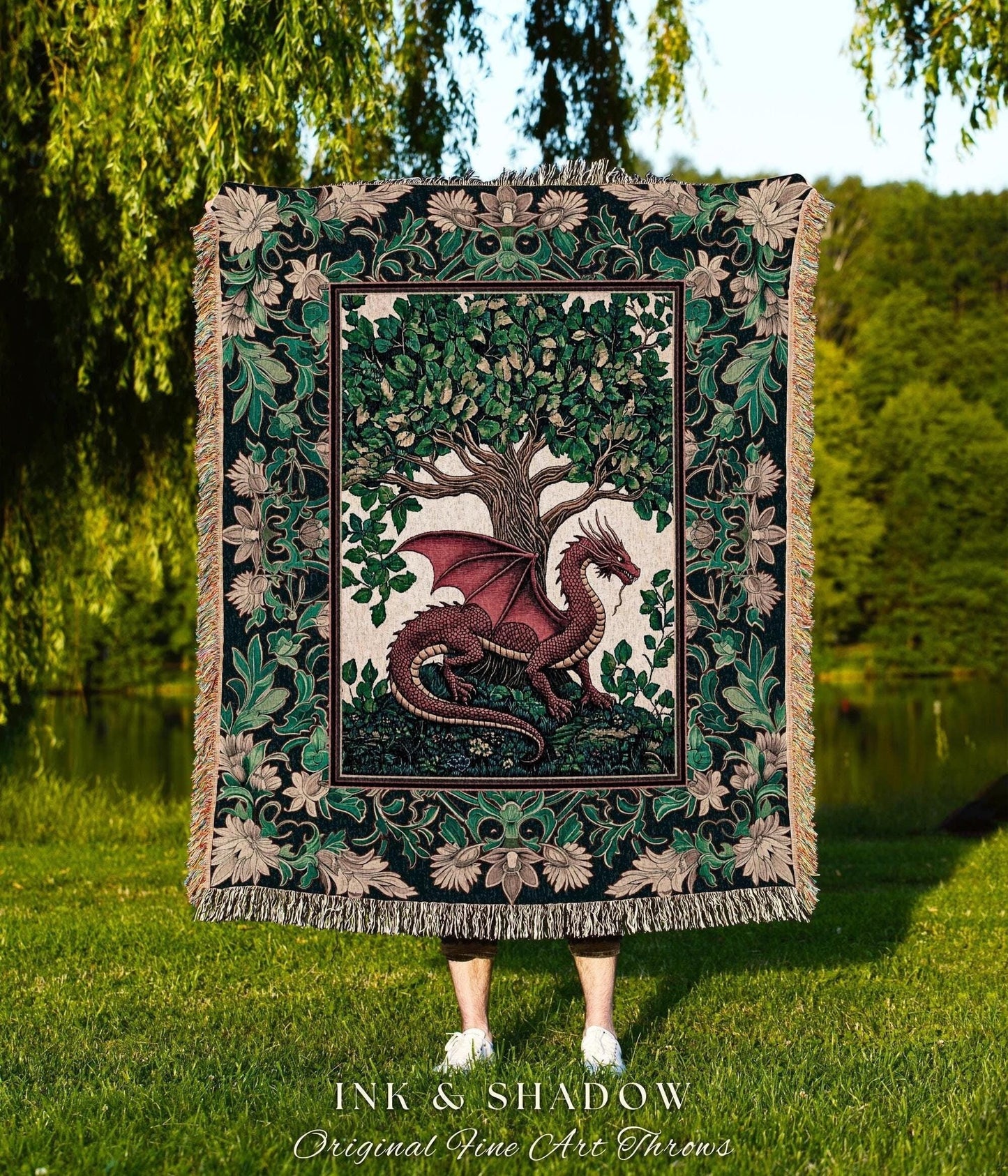 Medieval Woodland Dragon Throw Blanket | Botanical Goblincore Bedroom Whimsigothic Style Fairycore Cottagecore Aesthetic Moody Dark Academia