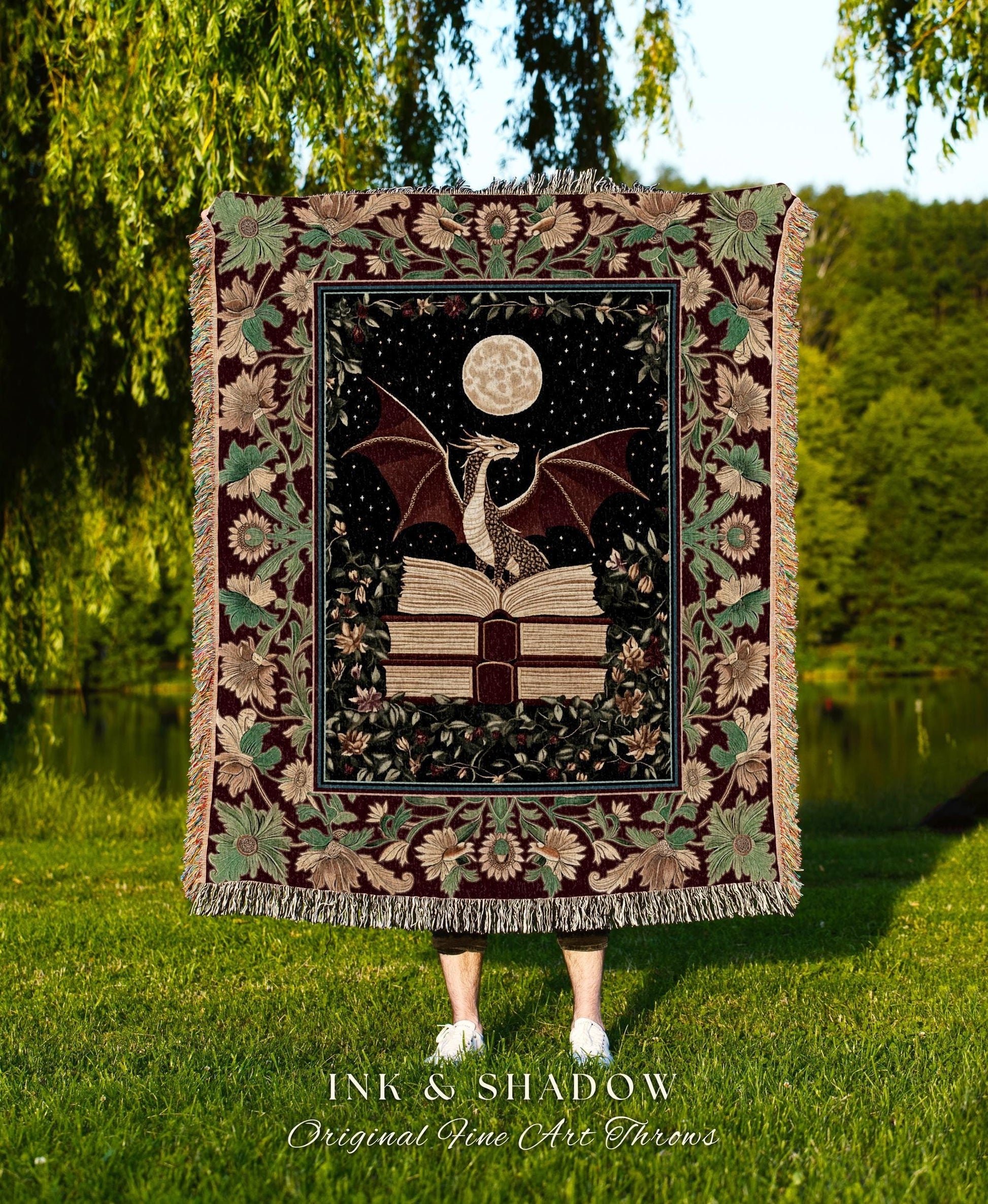 Baroque Maximalist Dragon Lover Blanket | Dark Academia Reading Corner Tapestry Ethereal Bedroom Whimsigothic Enchanting Woven Tapestry Boho