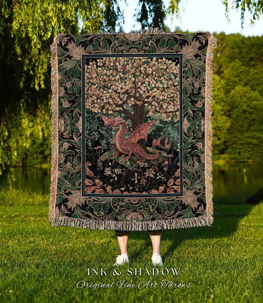 Moody Maximalist Dragon Woven Blanket | Dark Floral Cottagecore Tapestry Woodland Gothic Medieval Bedroom Wall Art Ethereal Fairytale Theme