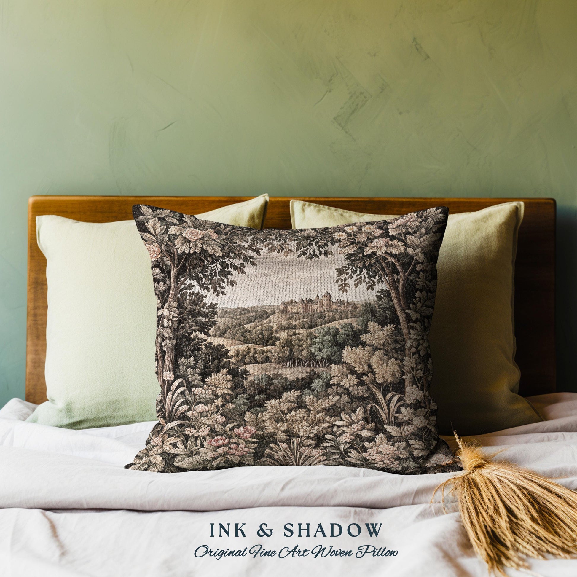 Medieval Meadow Tapestry Pillow | Rustic Fairytale Castle Landscape Woodland Fairy Folklore Princesscore Aesthetic Mystic Victorian Cushion