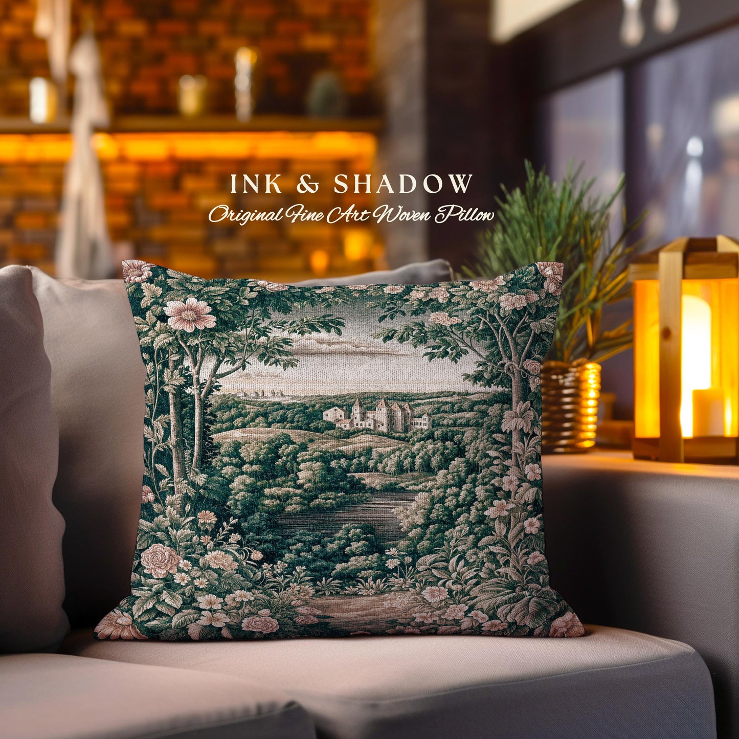 Princess Medieval Woven Throw Pillow | Rustic Floral Landscape Whimsigoth Castle Ethereal Bedroom Tapestry Cushion Woodland Gothic Romantic