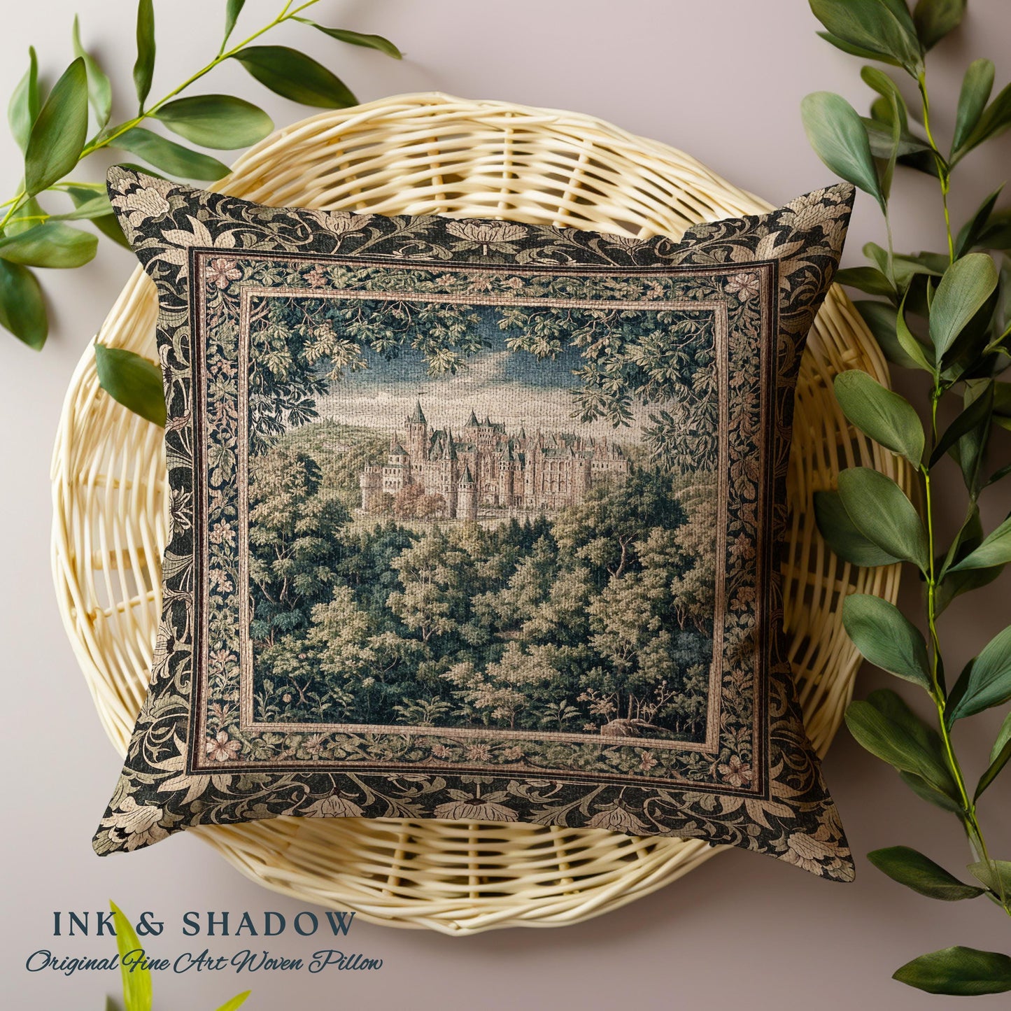 Ethereal Fairytale Fantasy Castle Pillow | Dark Academia Woodland Fairy Folklore Princess Aesthetic Magical Landscape Forestcore Romantic