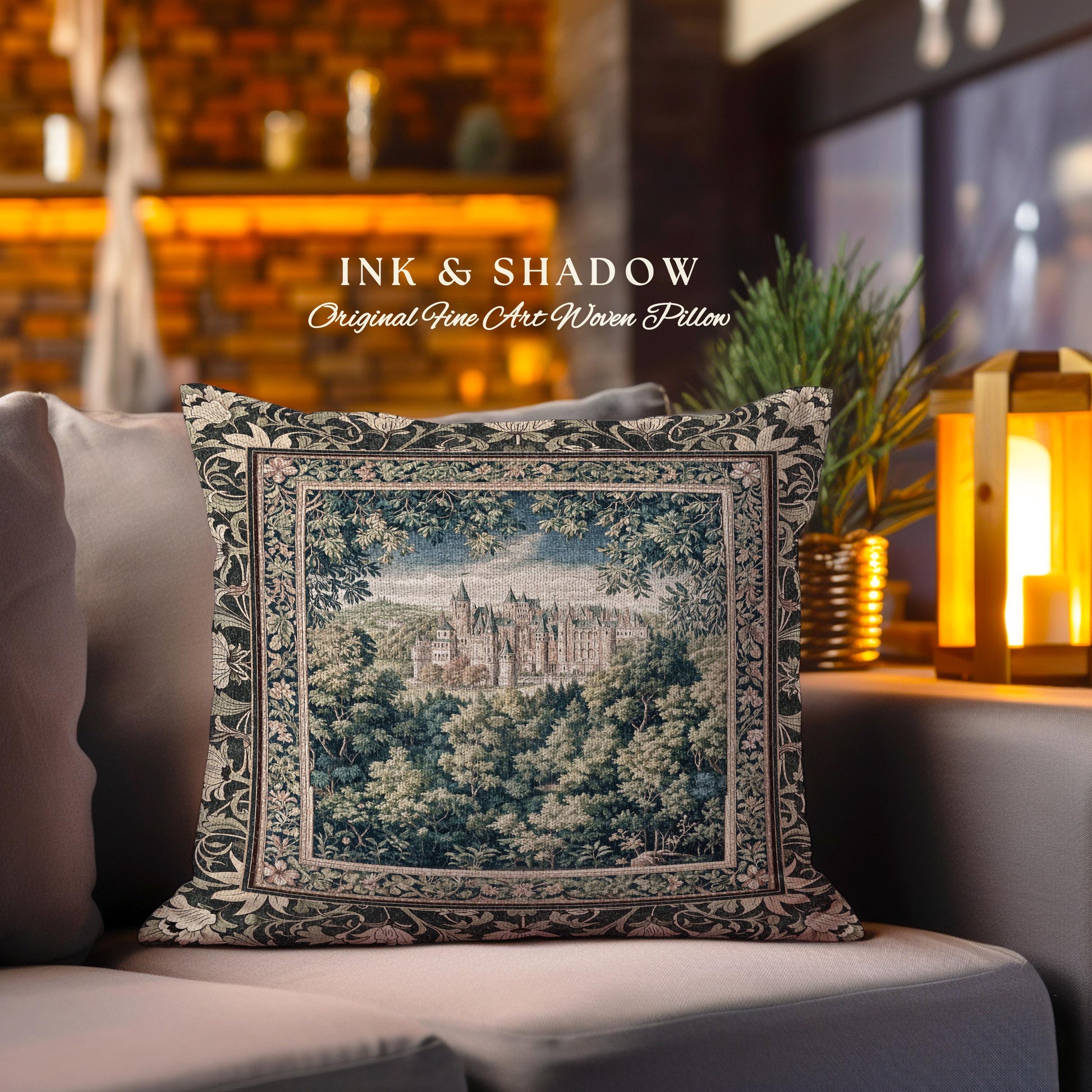 Ethereal Fairytale Fantasy Castle Pillow | Dark Academia Woodland Fairy Folklore Princess Aesthetic Magical Landscape Forestcore Romantic