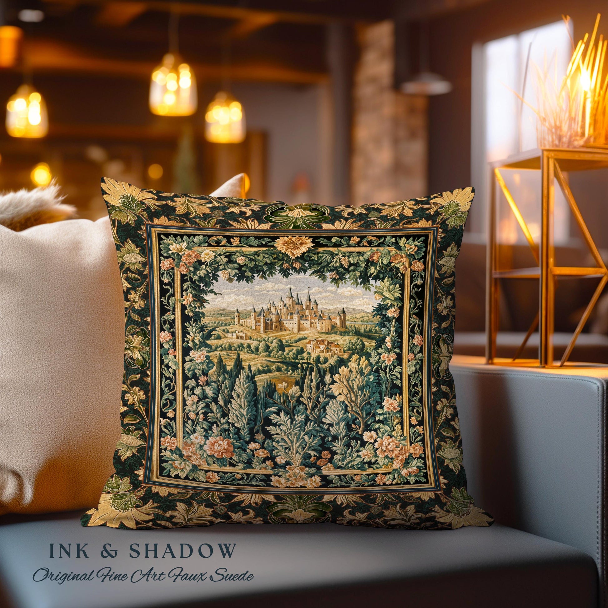 Dark Academia Victorian Royal Tapestry Pillow | Fantasy Cushion Woven Decor Woodland Princess Medieval Rustic Floral Landscape Coquette |