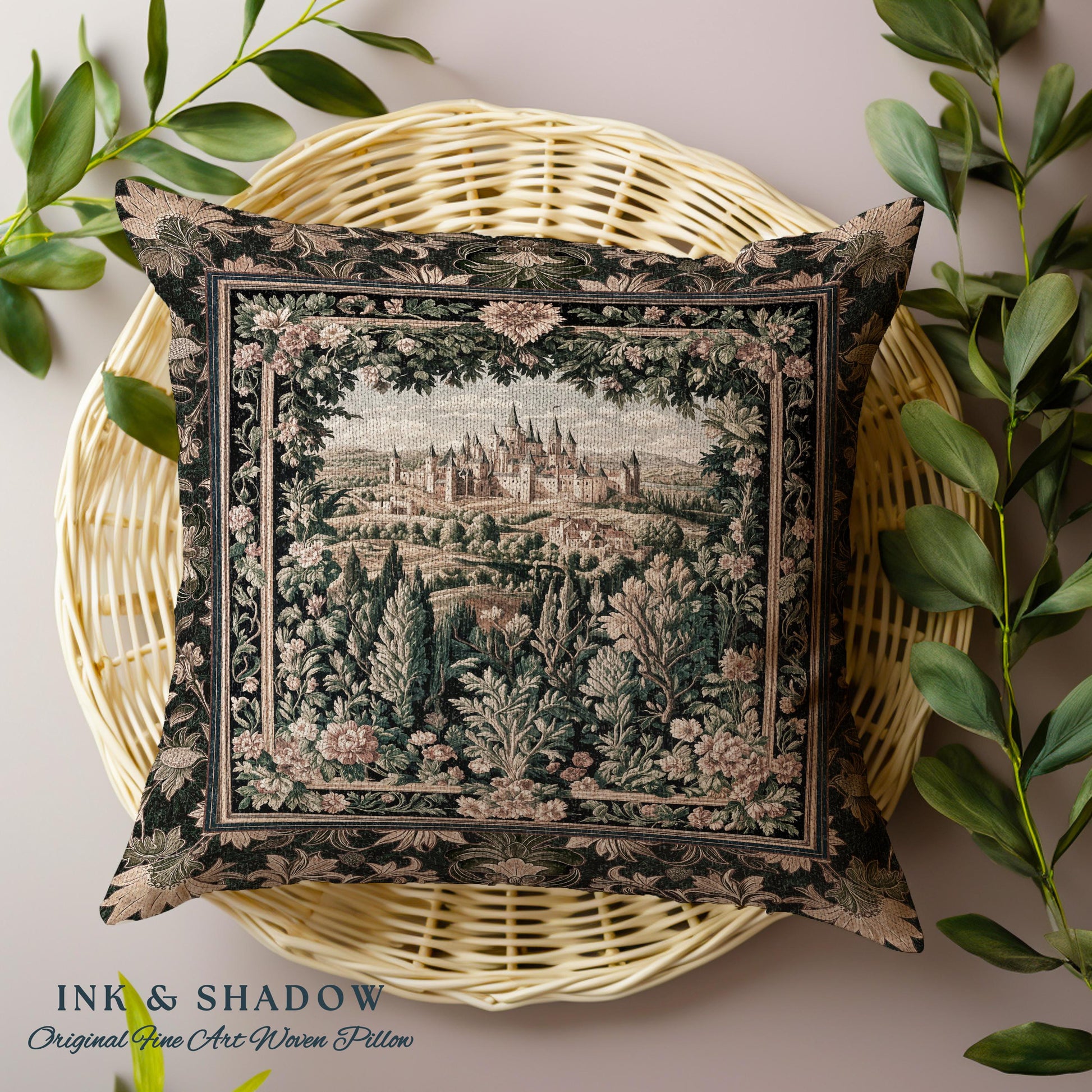 Dark Academia Victorian Royal Tapestry Pillow | Fantasy Cushion Woven Decor Woodland Princess Medieval Rustic Floral Landscape Coquette |