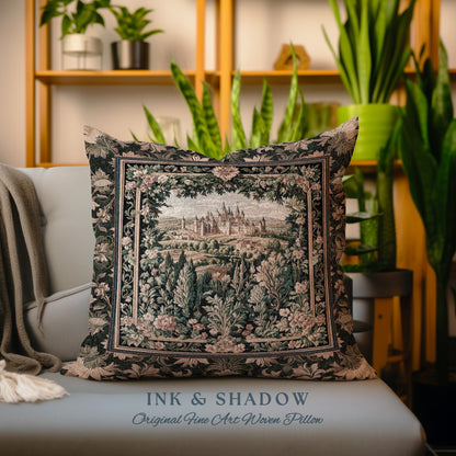 Dark Academia Victorian Royal Tapestry Pillow | Fantasy Cushion Woven Decor Woodland Princess Medieval Rustic Floral Landscape Coquette |