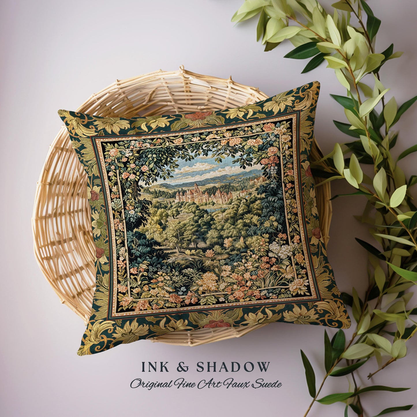 Fantasy Castle Botanical Woven Pillow | Fairycore Princess Cushion Woodland Moody Medieval Woodland Fairytale Whimsy Whimsigothic Decor |