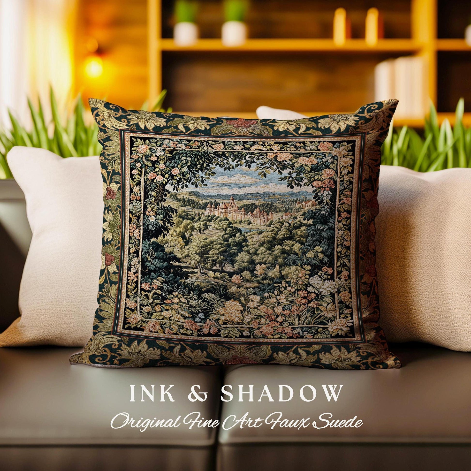 Fantasy Castle Botanical Woven Pillow | Fairycore Princess Cushion Woodland Moody Medieval Woodland Fairytale Whimsy Whimsigothic Decor |